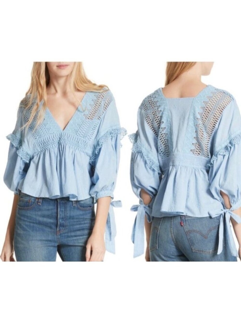 Free People Drive You Mad Blouse M Blue Crochet Lace Peasant Boho Puff Sleeve - Picture 2 of 11